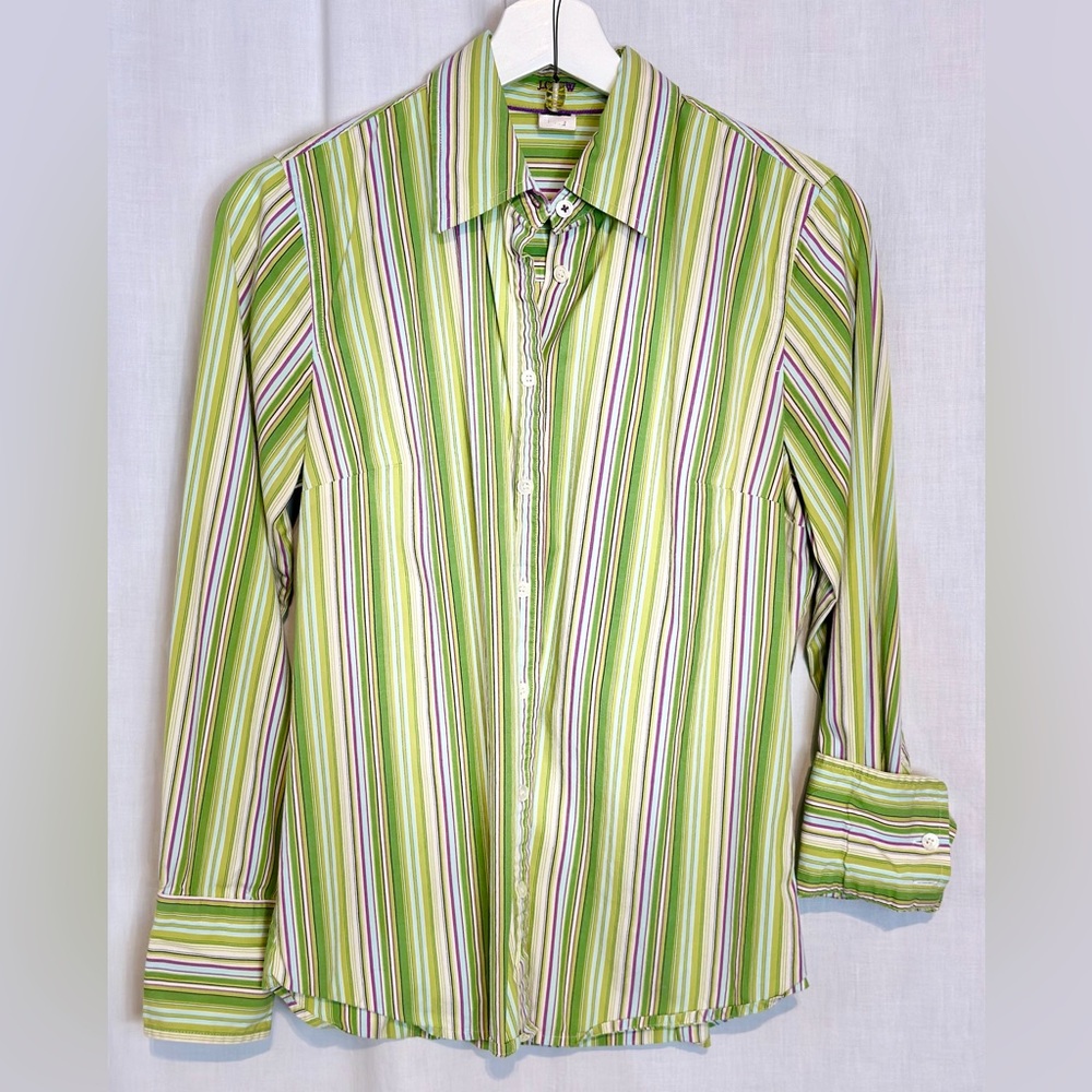J CREW - Womens Button Up Shirt Top SOFT Slim Fit tiny STRIPES  Sz S- GREEN
